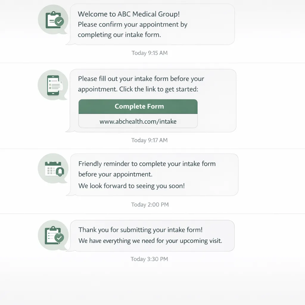 Screenshot-style mockup of an automated intake text message sequence: confirmation → form link → reminder → completion acknowledgment
