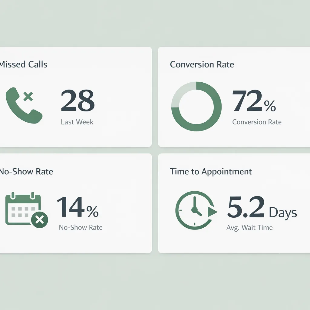 Dashboard mockup showing missed calls, conversion rate, no-show rate, and time-to-appointment metrics
