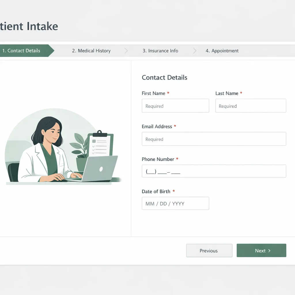 Screenshot-style mockup of a digital intake flow with progress steps and required fields
