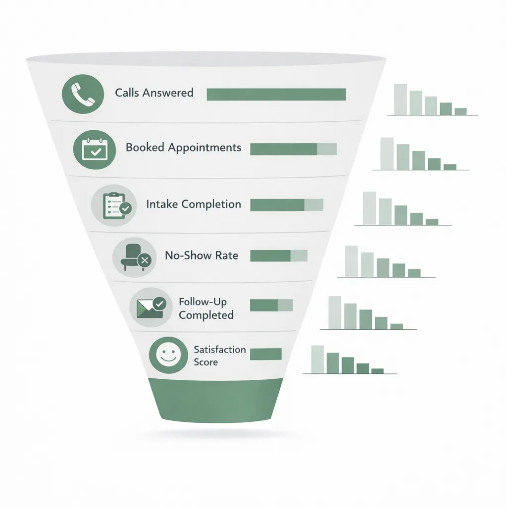 Dashboard concept showing funnel metrics: calls answered, booked rate, intake completion, no-show rate, follow-up completion, satisfaction score