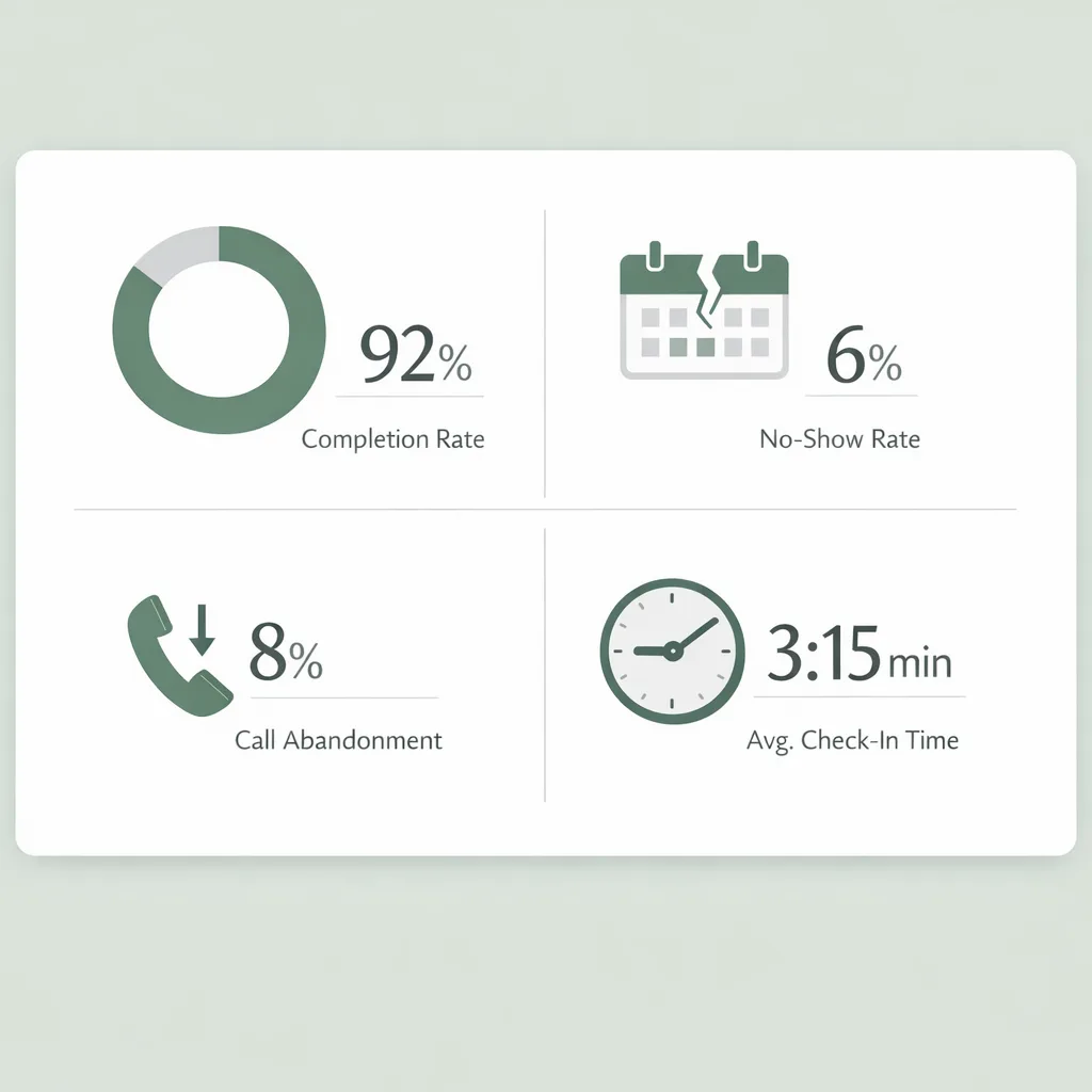 Dashboard concept showing intake KPIs: completion rate, no-show rate, call abandonment, average check-in time