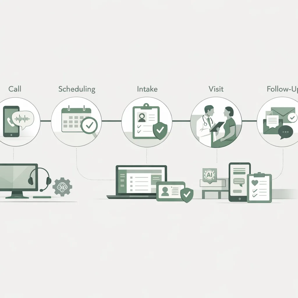 Infographic showing the patient journey touchpoints (call, scheduling, intake, visit, follow-up) and where AI can reduce friction