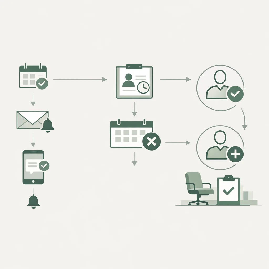Flow diagram showing automated scheduling + reminder sequence and how cancellations are refilled