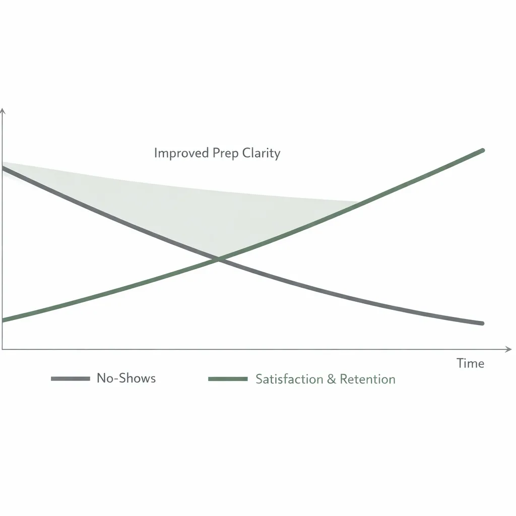 Simple chart showing how improved prep clarity reduces no-shows and increases satisfaction/retention over time