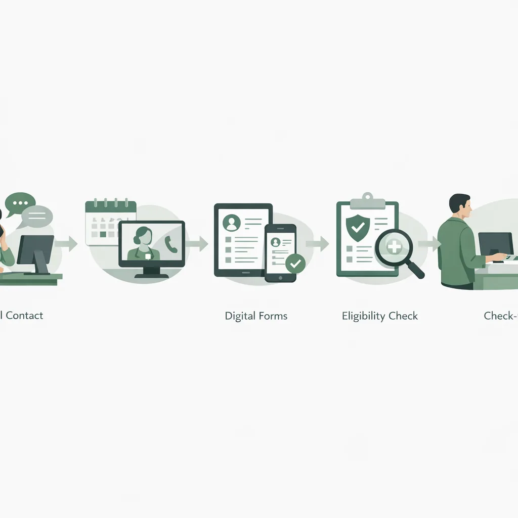 Infographic showing the patient intake journey from first call/text to appointment confirmation, digital forms, eligibility checks, and check-in