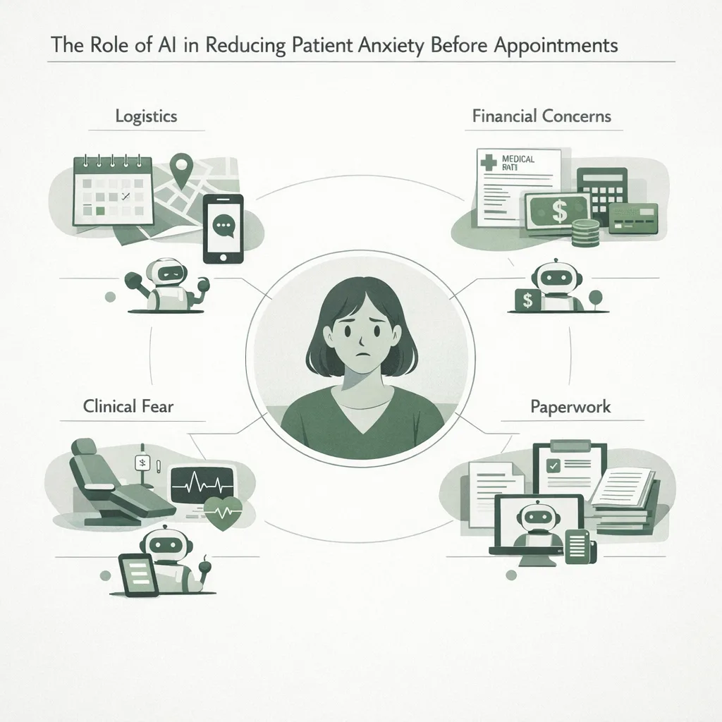 Diagram showing key pre-appointment anxiety triggers (logistics, financial, clinical fear, paperwork) and where AI can intervene